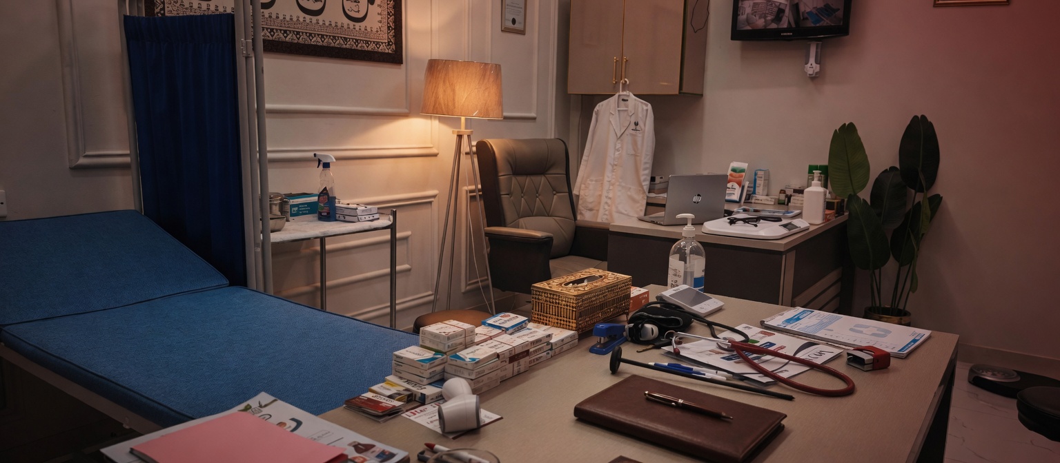 Examination couch and doctor's coat